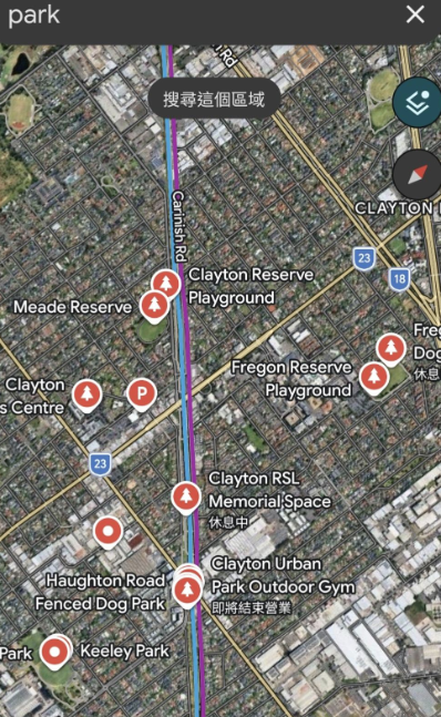 Google Map 在Clayton站附近的公園、遊樂場、體育場、紀念空間等