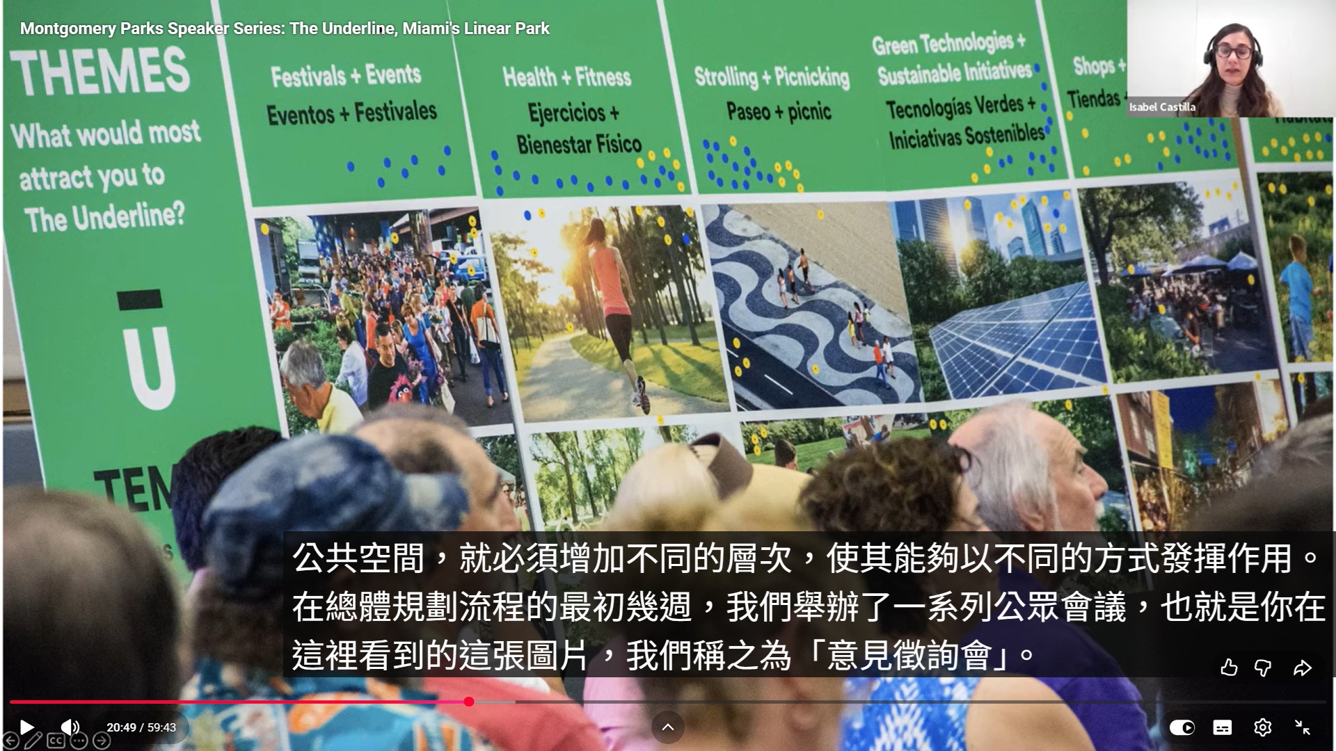 美國邁阿密underline公民參與的發起者，也將經驗分享錄像公開於網路上，圖中以不同顏色圓形貼紙區分不同社區民眾，對各種橋下空間可能樣貌的偏好程度