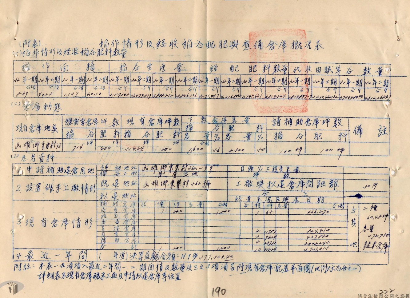 申請公文的附表，顯示民雄鄉農會當時現有的倉庫概況