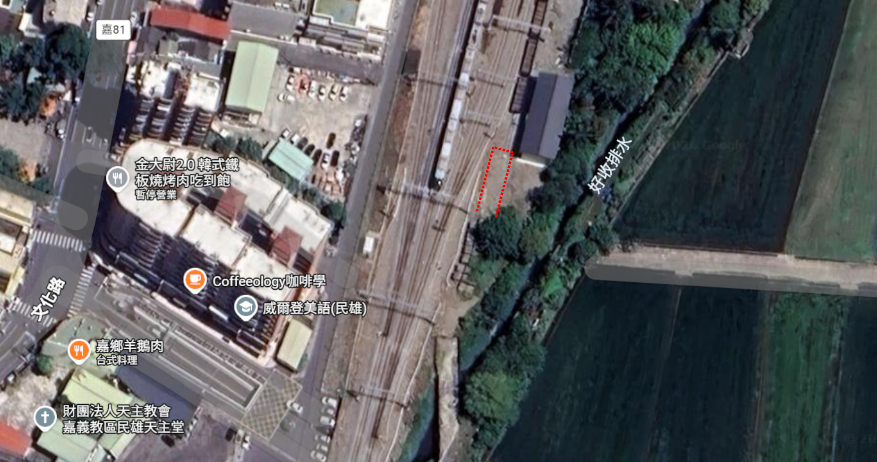 今日google空拍圖，虛線處為汽車月台原址