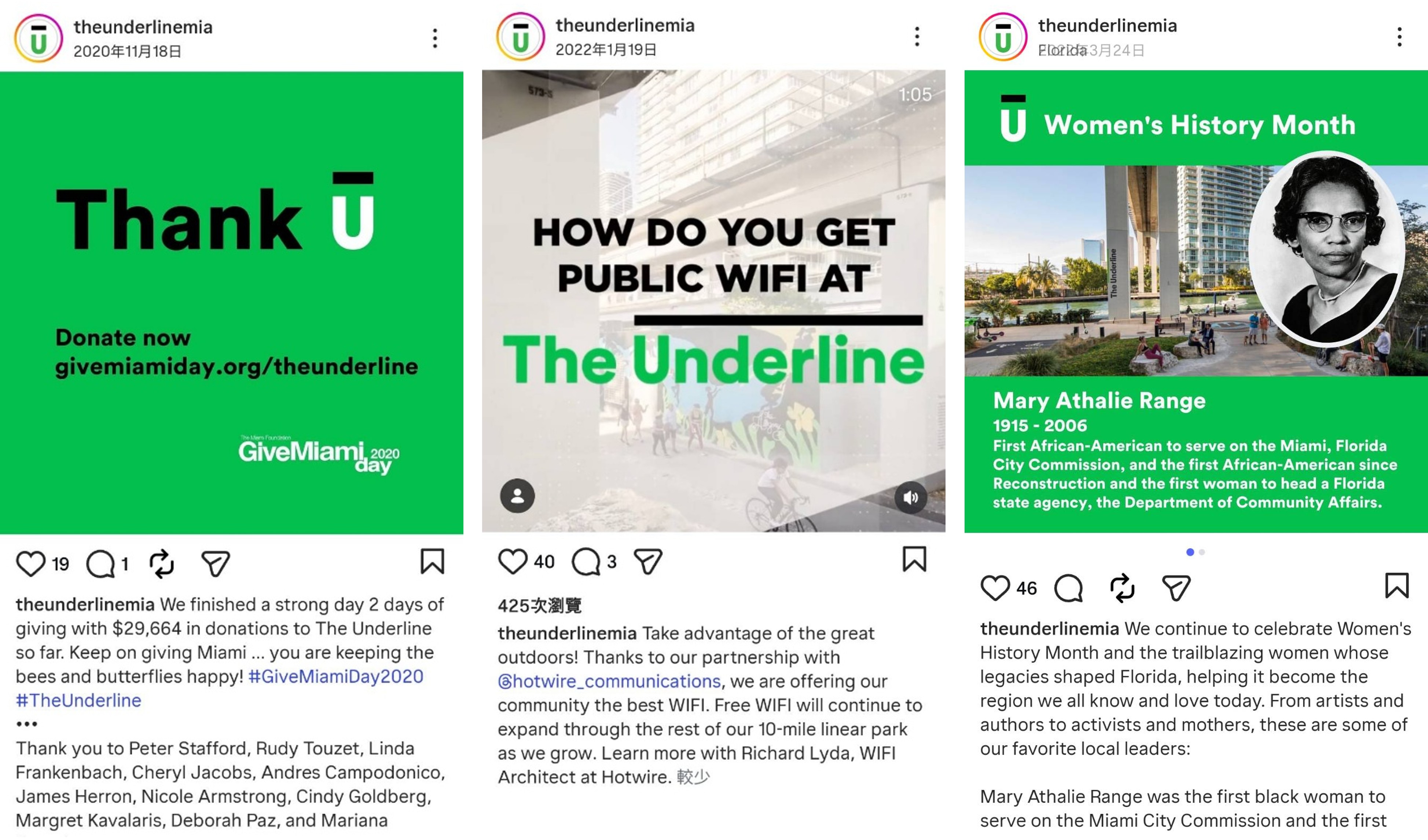 2020 年可見大量「Thank U」募款貼文。2022 年貼文介紹沿線WiFi。長期下來也可見關注公共議題的貼文