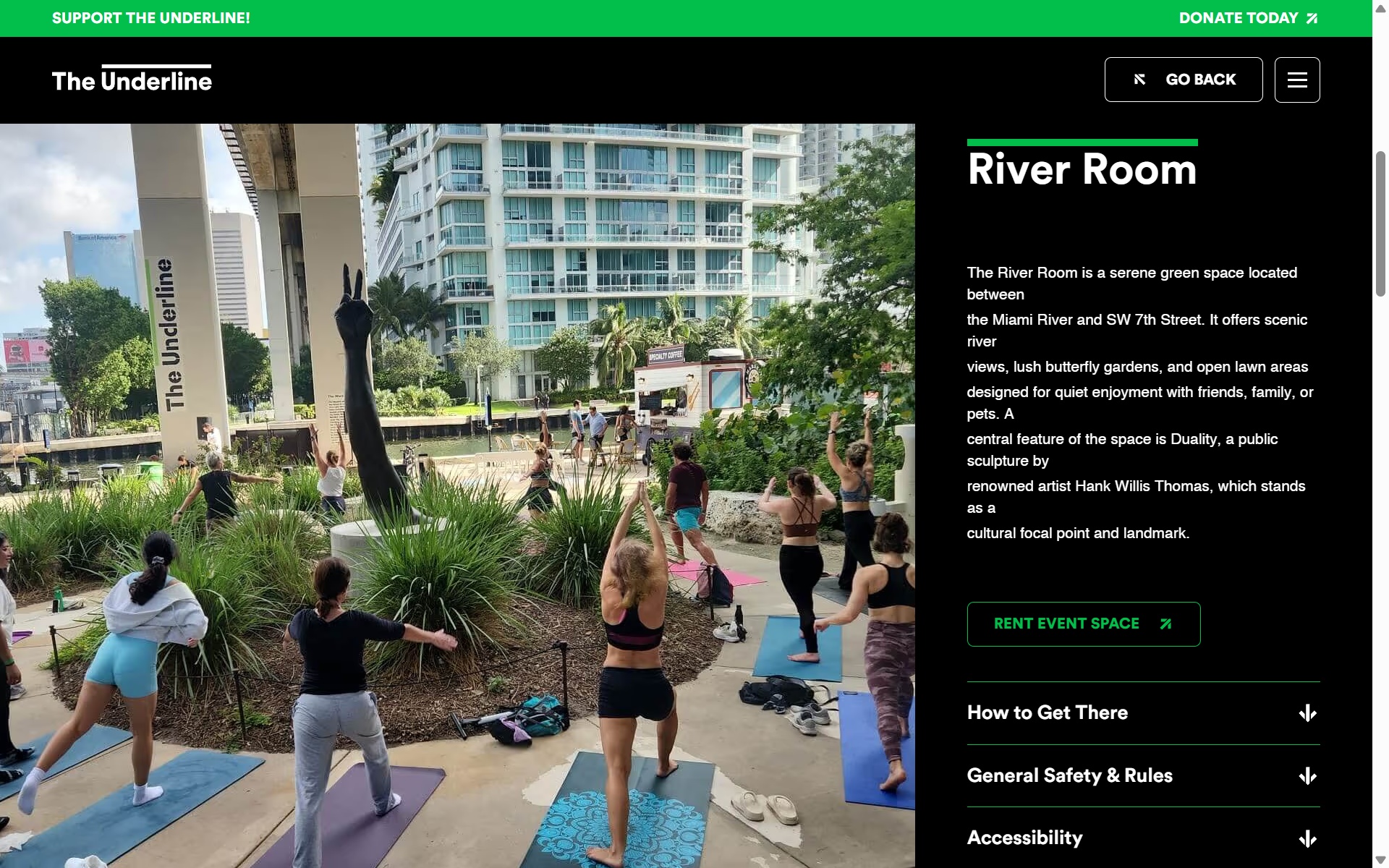 官方網站的地點專屬頁面，詳盡介紹了沿線19個特殊空間，圖為River Room空間介紹