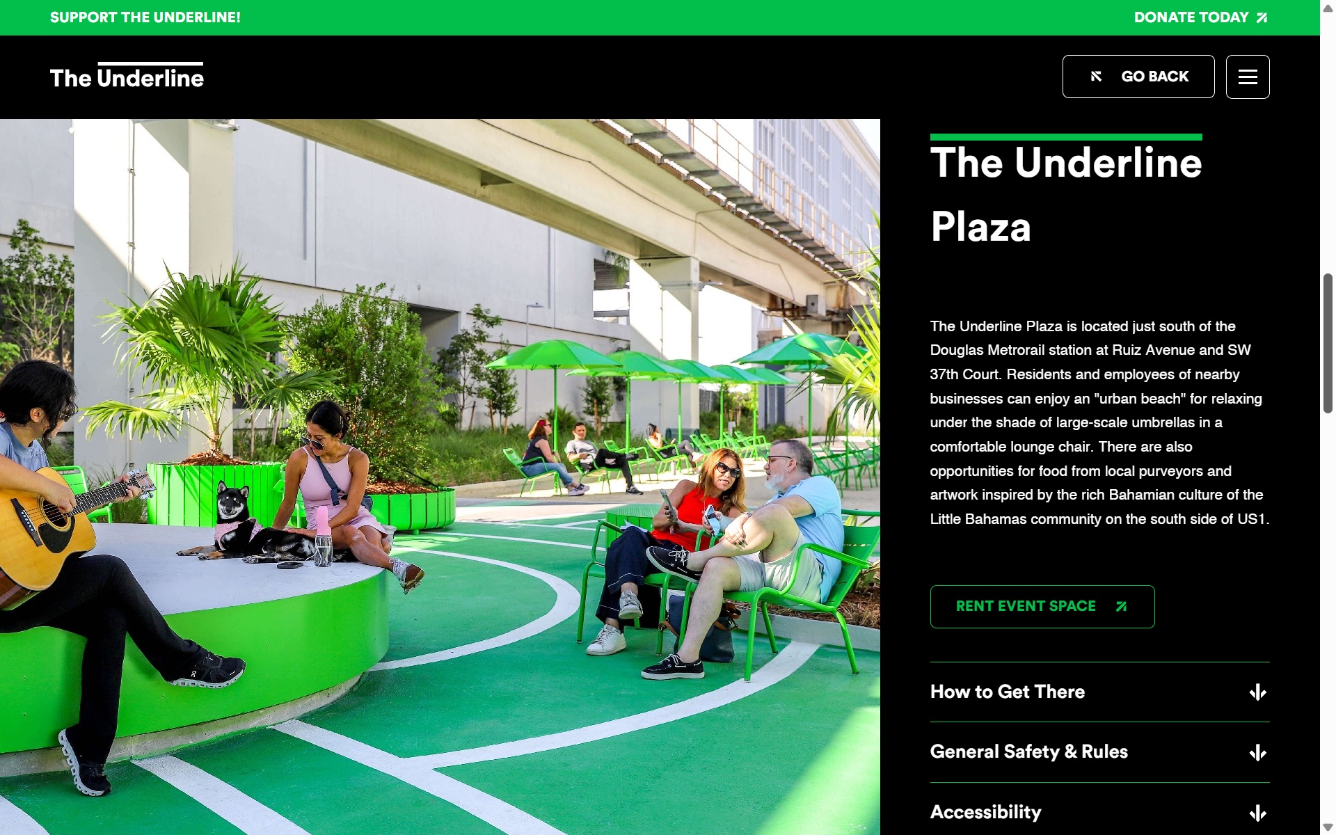 官方網站的地點專屬頁面，詳盡介紹了沿線19個特殊空間，圖為The Underline Plaza空間介紹