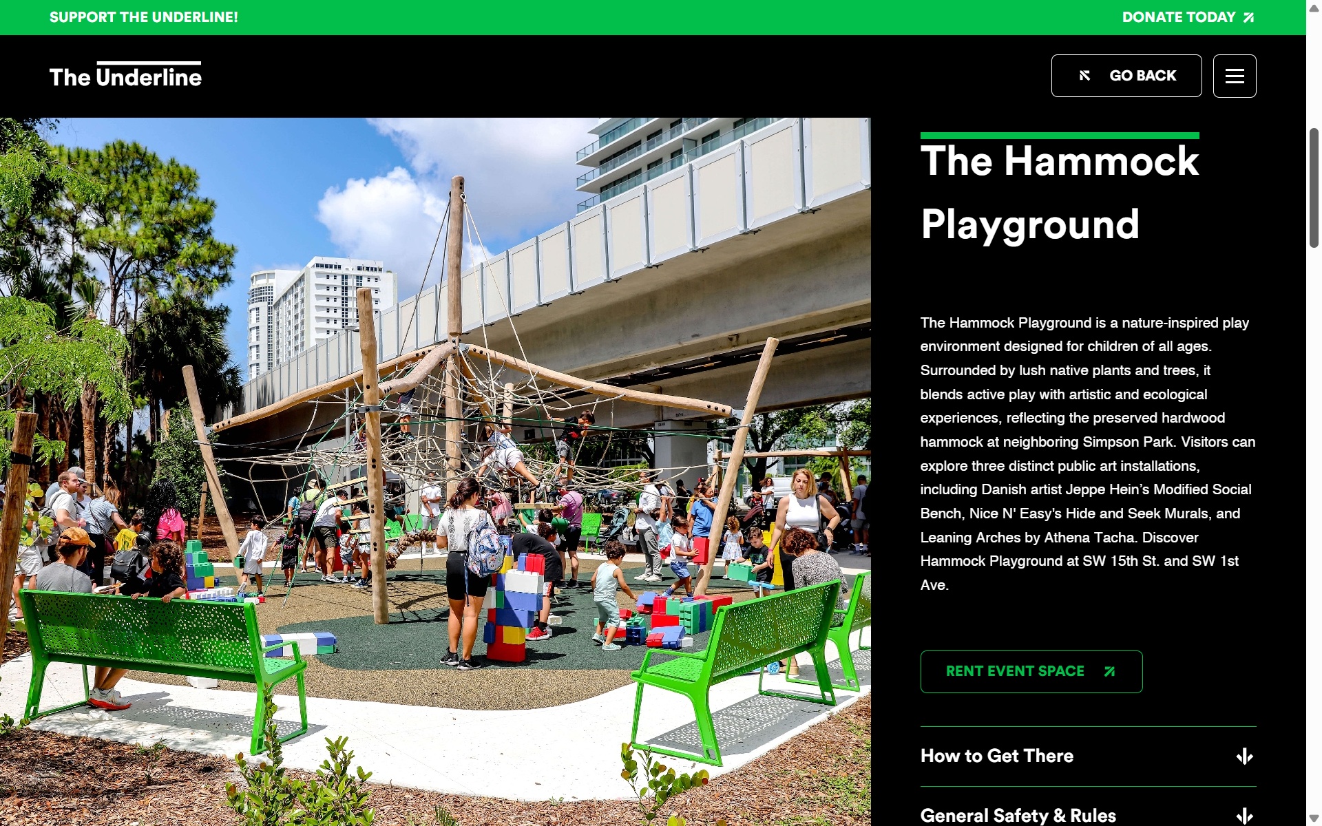 官方網站的地點專屬頁面，詳盡介紹了沿線19個特殊空間，圖為The Hammock Playground空間介紹